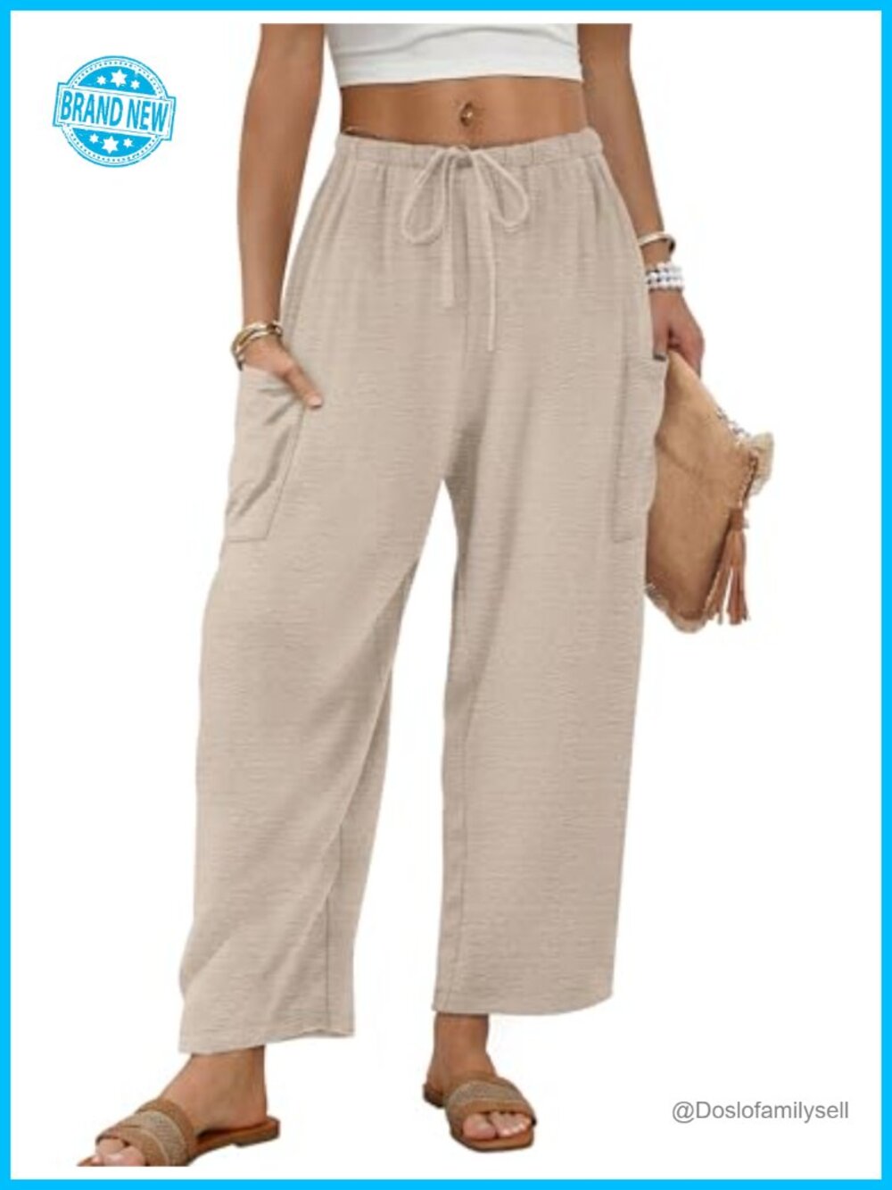 Wide Leg Palazzo Pants Elastic Waist Flowy Trousers with Pockets
